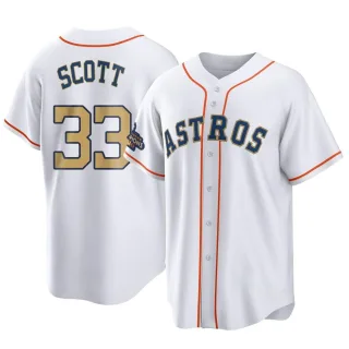 Youth Replica Gold Mike Scott Houston Astros White 2023 Collection Jersey